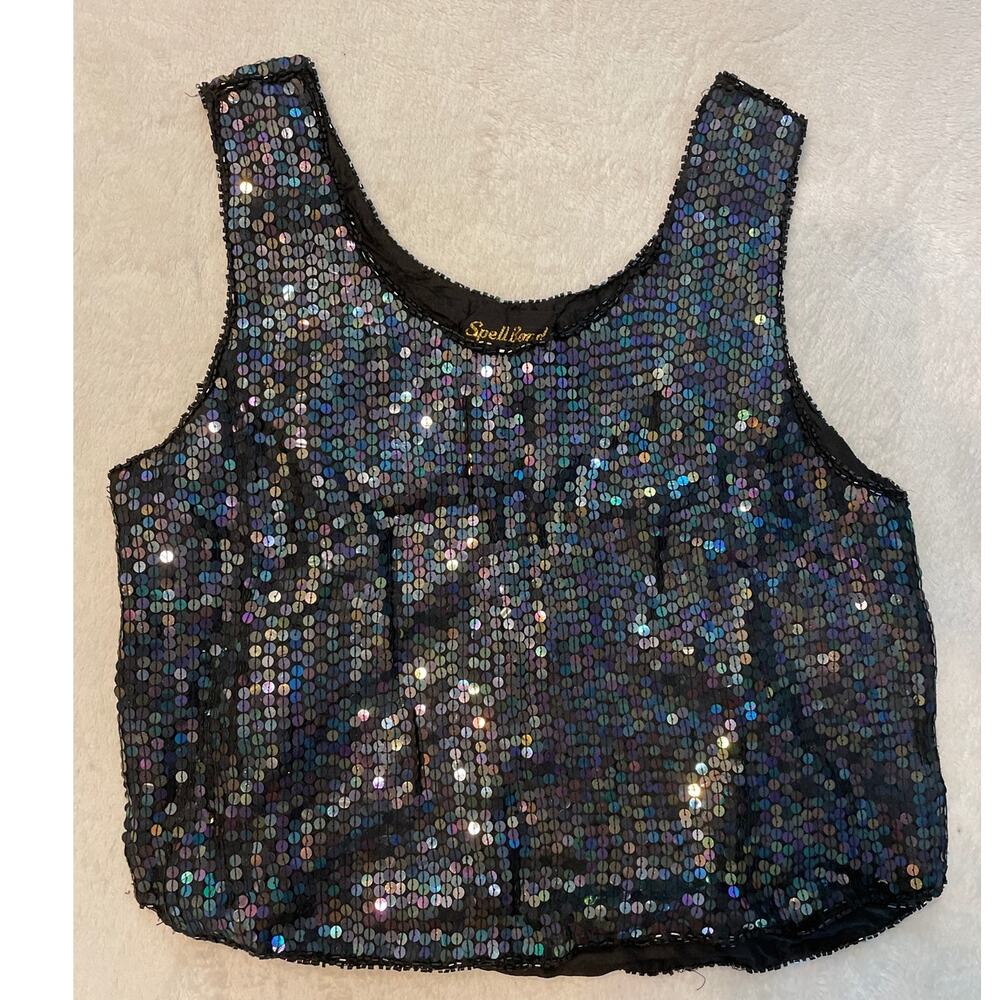 SPELL BOUND Vintage Silk Irridescent Sequin Tank Top Large Black 100% SILK